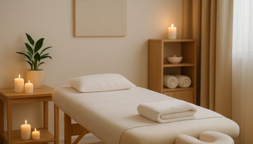 A serene and calming massage room featuring a massage table, candles, and soft towels.
